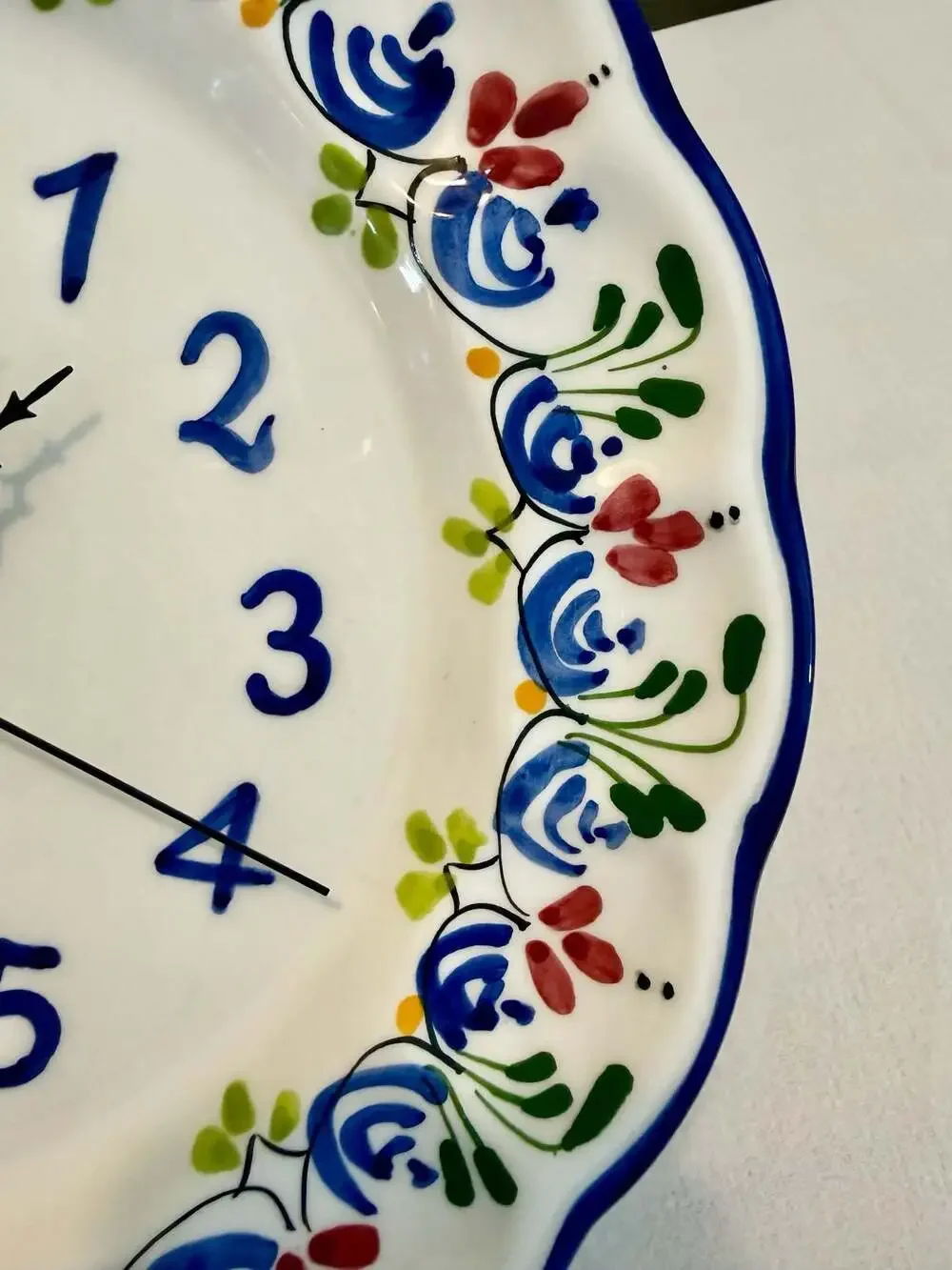 Hand-Painted Ceramic Floral Wall Clock, 10.5-inch Scalloped Edge